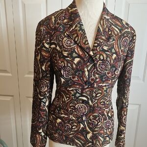 August Silk Paisley Blazer in Rich Tones. 100% Silk. Size 8/38.